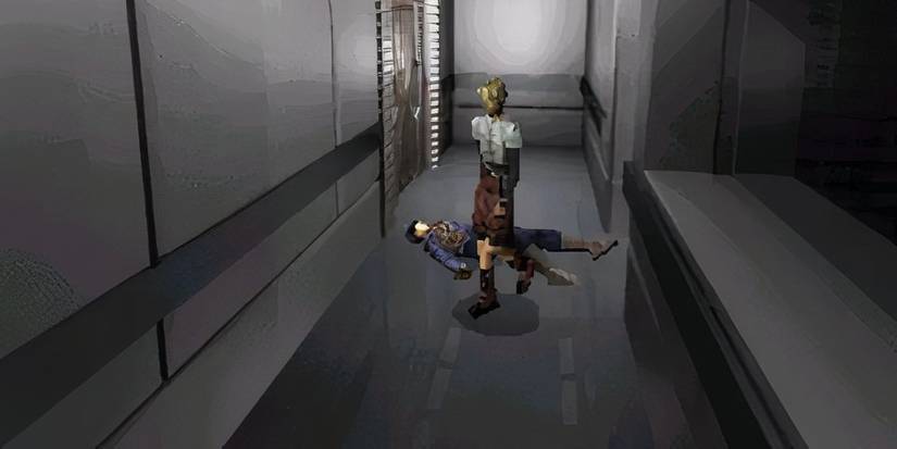 The main character of Galerians standing over a body in a hallway.