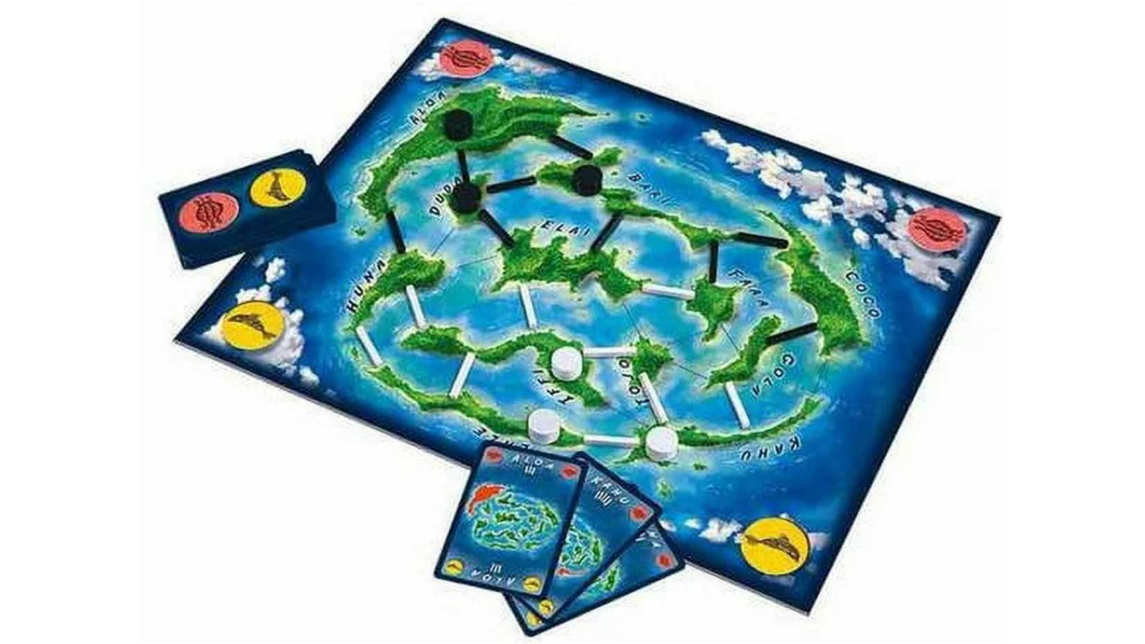 Kahuna board game laid out with cards and bridges.