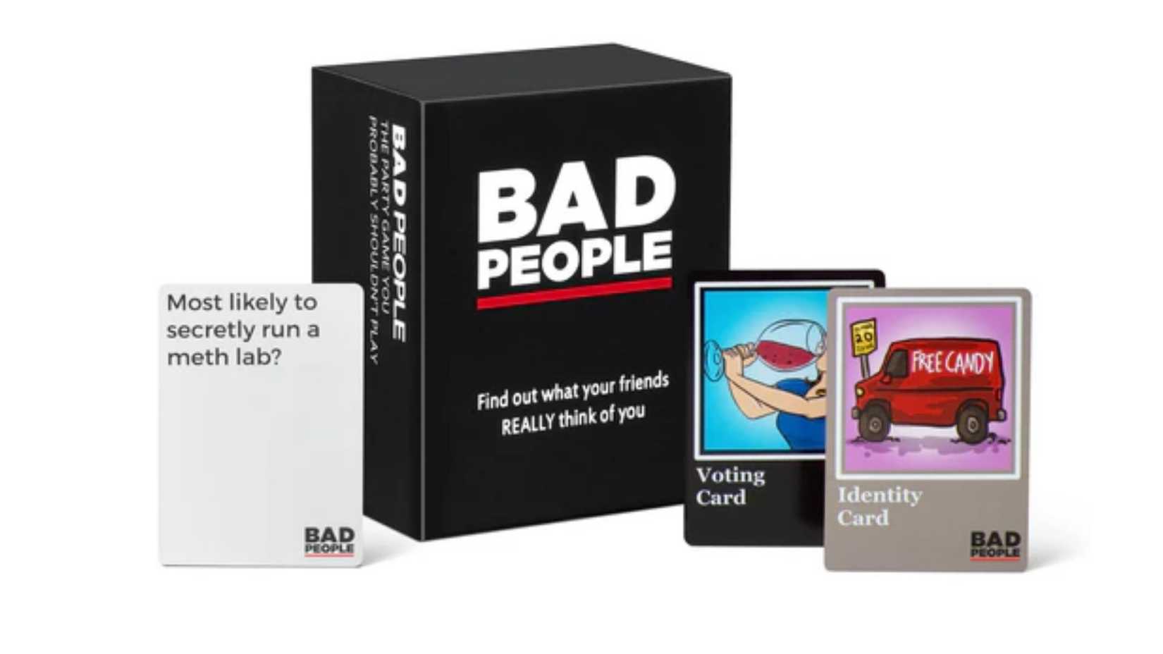 Bad people board game propped up.