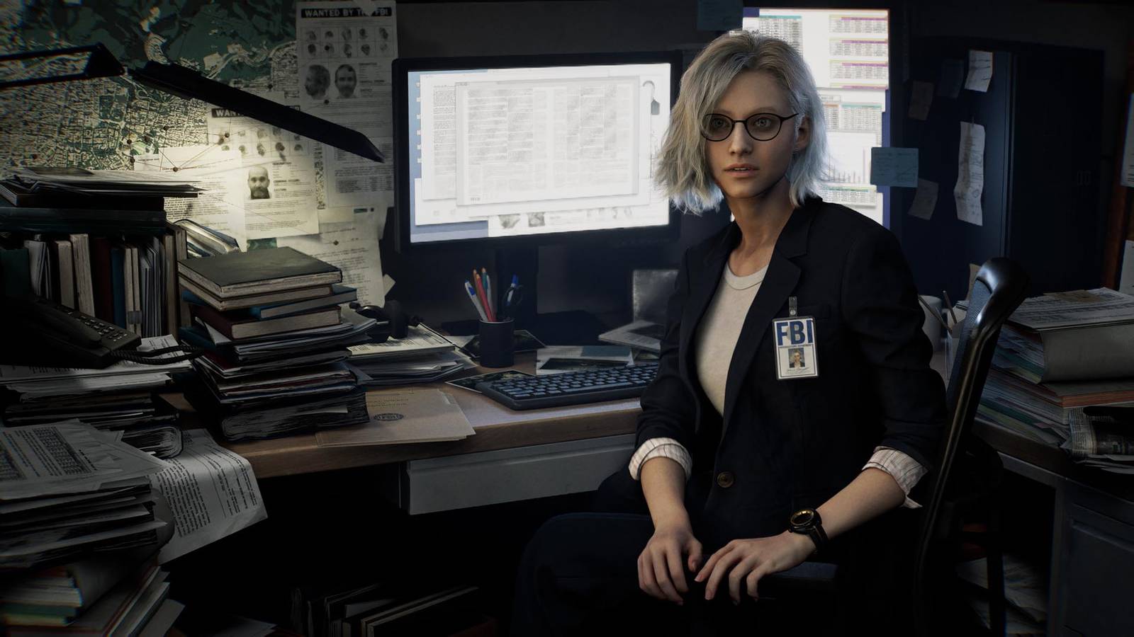 Grace Ashcroft sitting at a desk overflowing with documents and folders in Resident Evil Requiem.