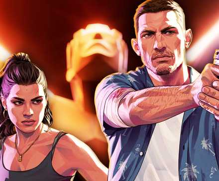 Jason and Lucia from Grand Theft Auto 6 in front of The Game Awards' statue.
