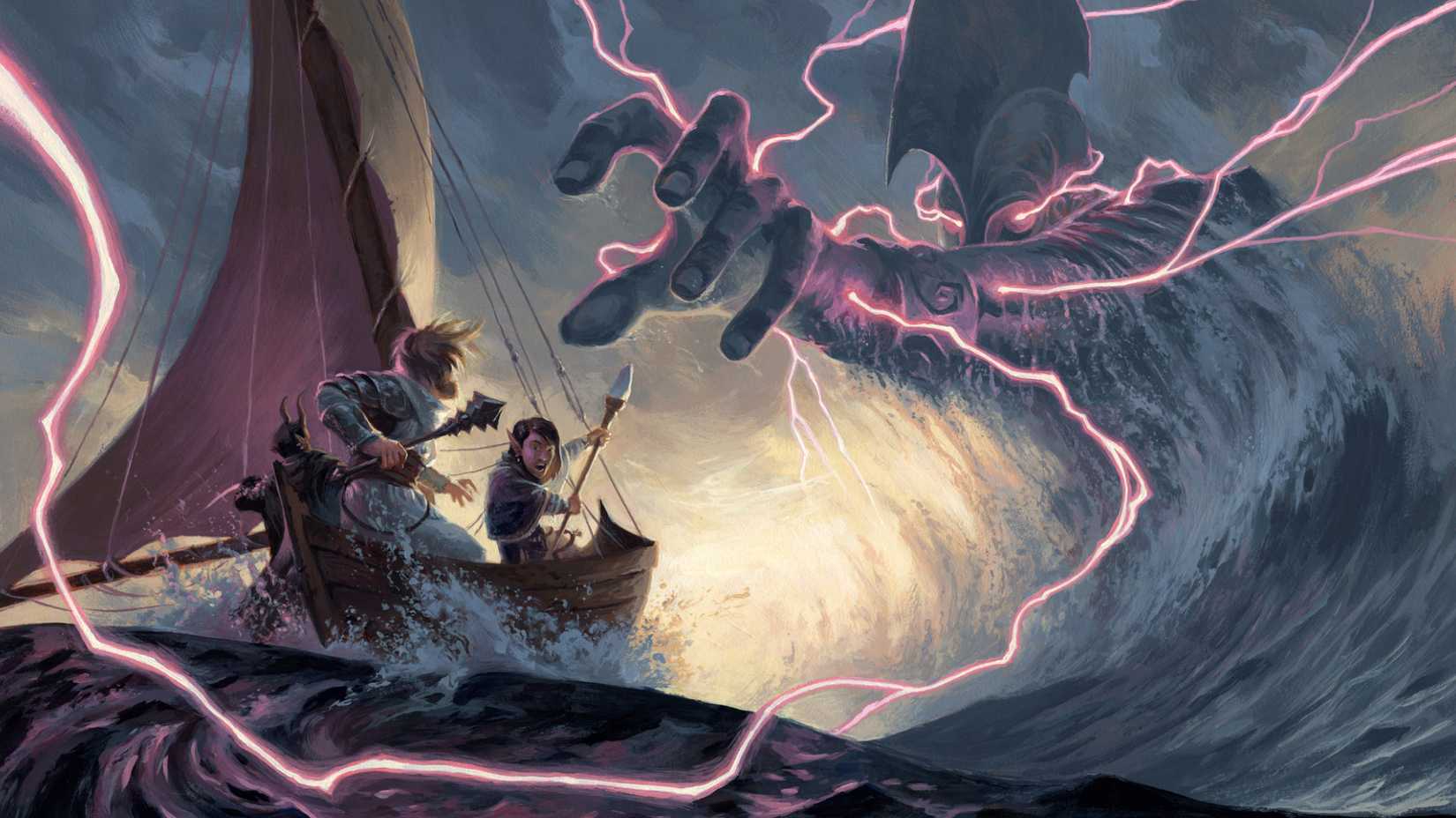 Two adventurers on a small boat brace themselves from a storm giants emerging from an ocean wave to reach for them.