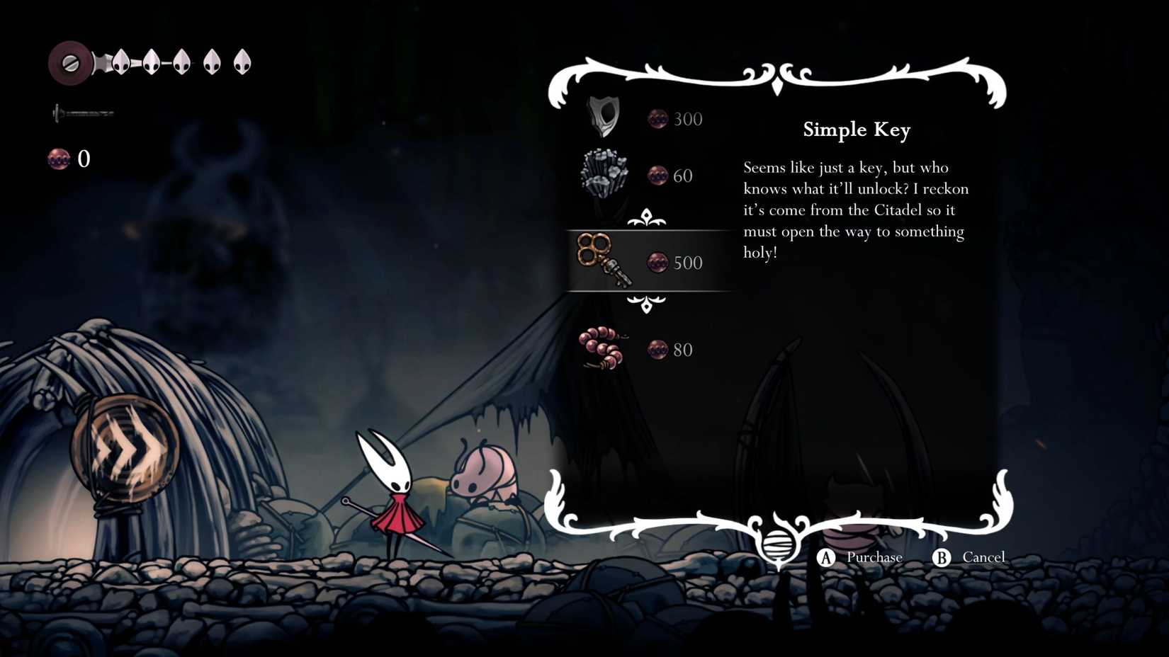Hollow Knight Silksong cost of Simple Key in Pebb's store.
