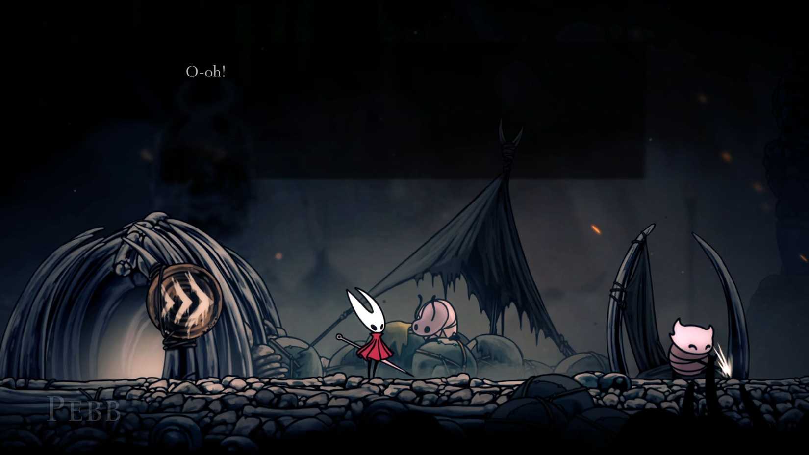 Hollow Knight Silksong talking to Pebb in Bone Bottom.