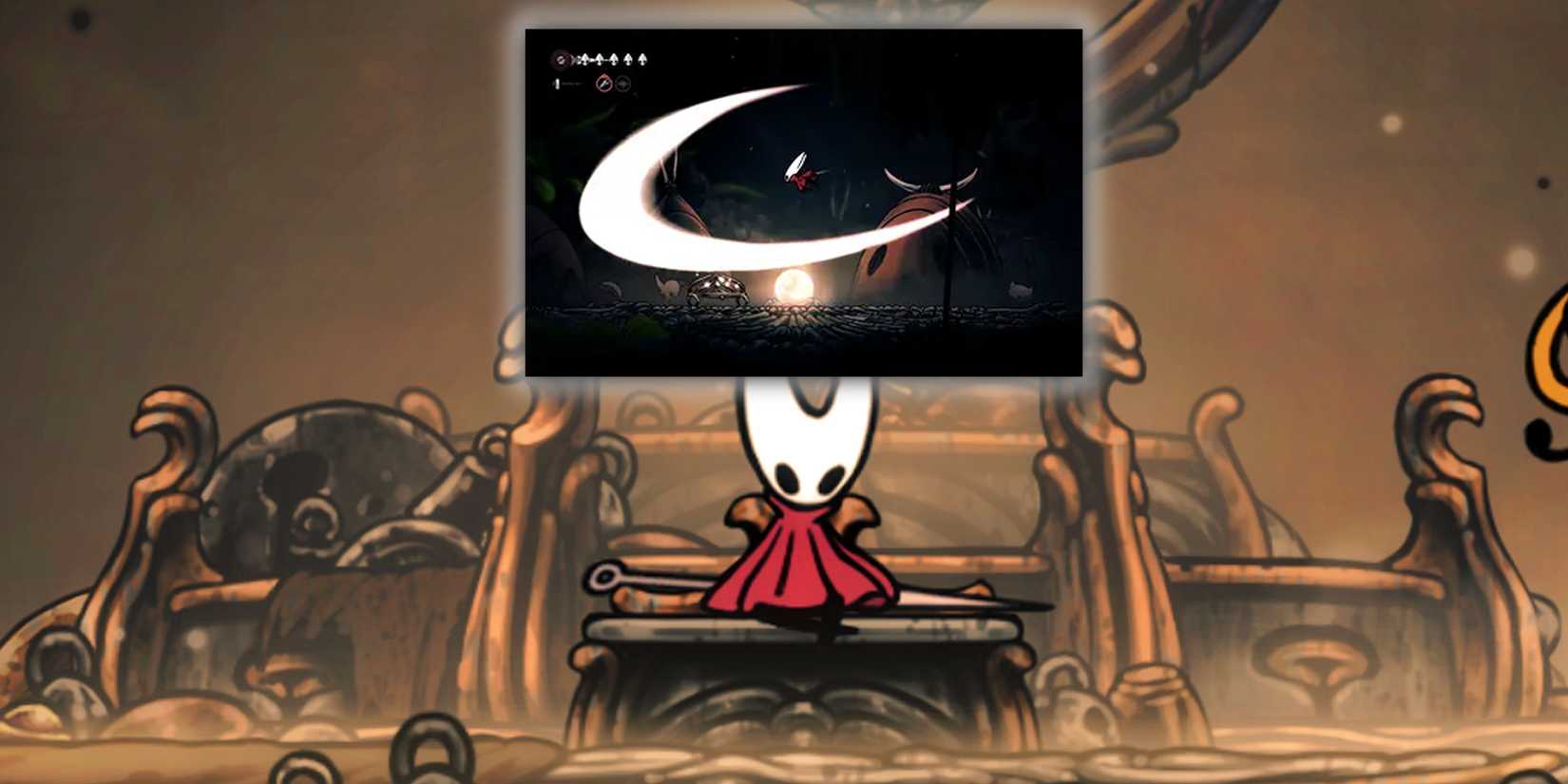 Hornet contemplates the Attack Range Mod on a bench in Silksong.