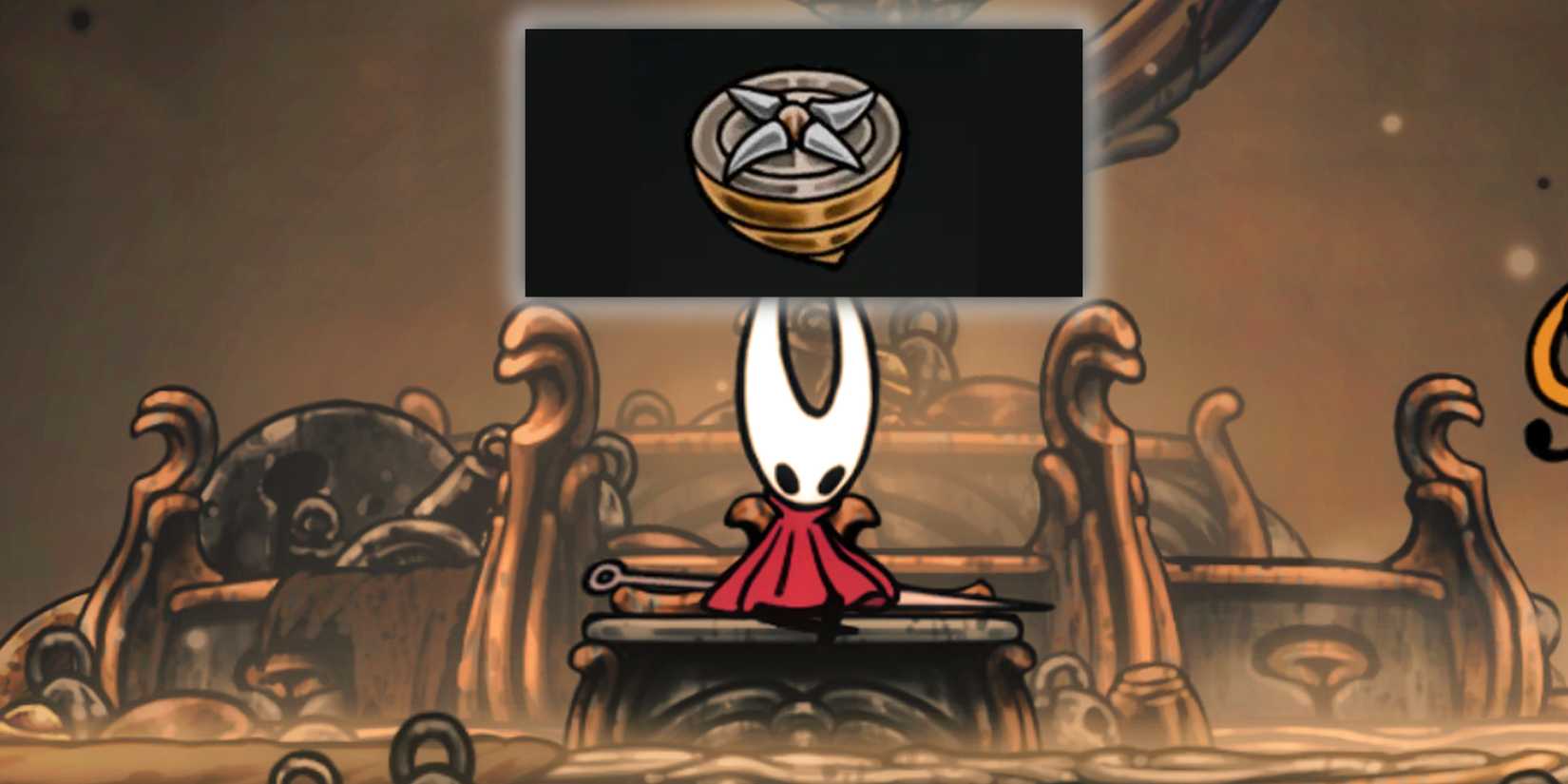 Hornet contemplates the Compass Mod on a bench in Silksong.
