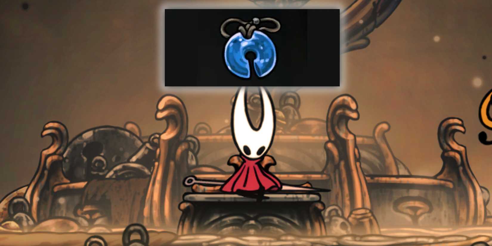 Hornet contemplates the Magent Effect Mod on a bench in Silksong.