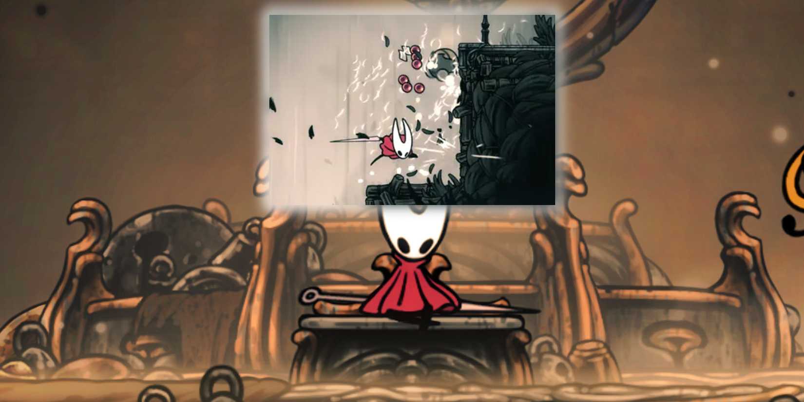Hornet contemplates the Rosary Bead Mod on a bench in Silksong.
