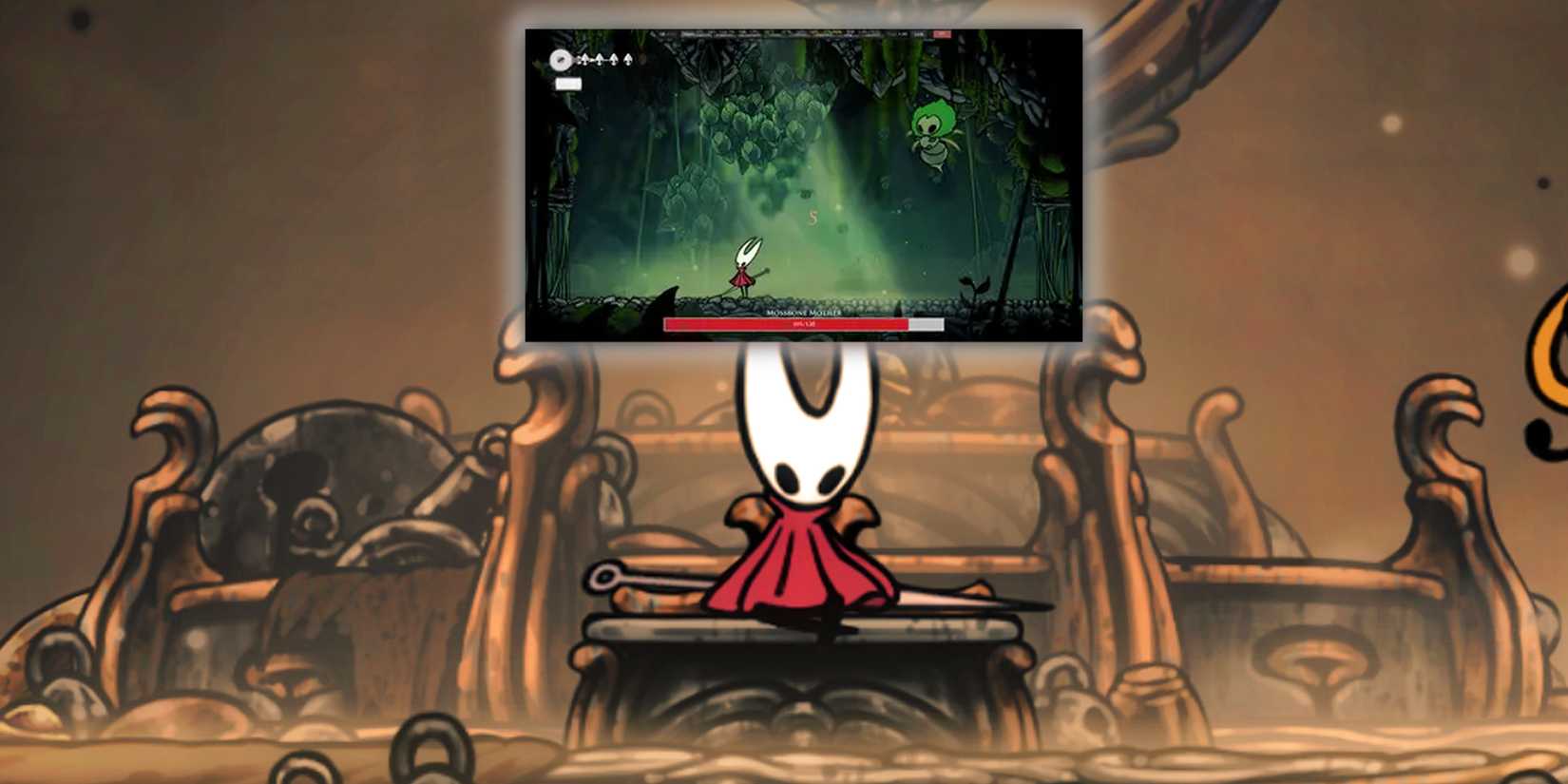 Hornet contemplates the Show Healthbar Mod on a bench in Silksong.
