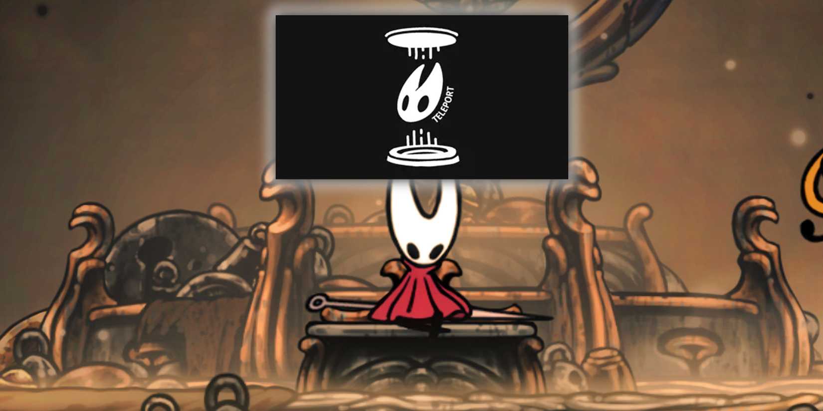Hornet contemplates the Teleport Mod on a bench in Silksong.