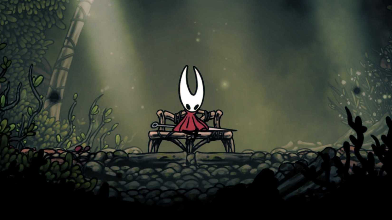 Hornet sat on a bench in a foresty area in Hollow Knight_ Silksong.