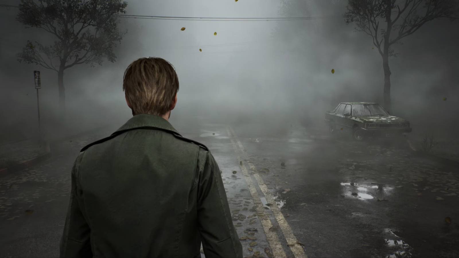 James Sunderland walking through the foggy street as he enters Silent Hill.