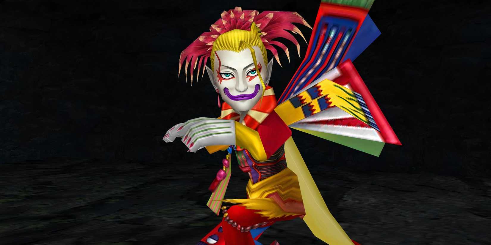 A chibi version of Kefka Palazzo from Final Fantasy 6 is sneaking around.