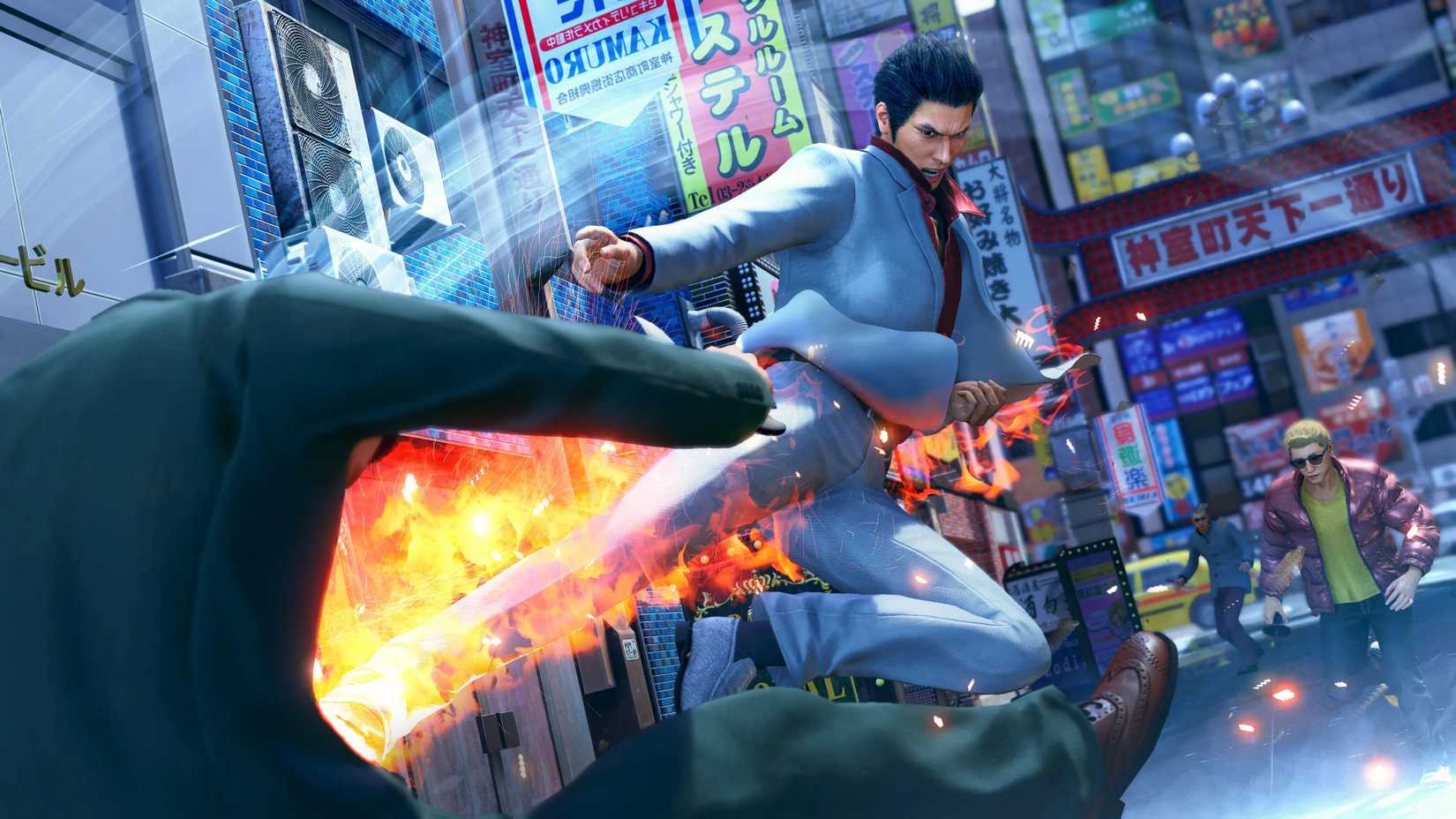 Kiryu kicking a thug in Yakuza Kiwami 3.
