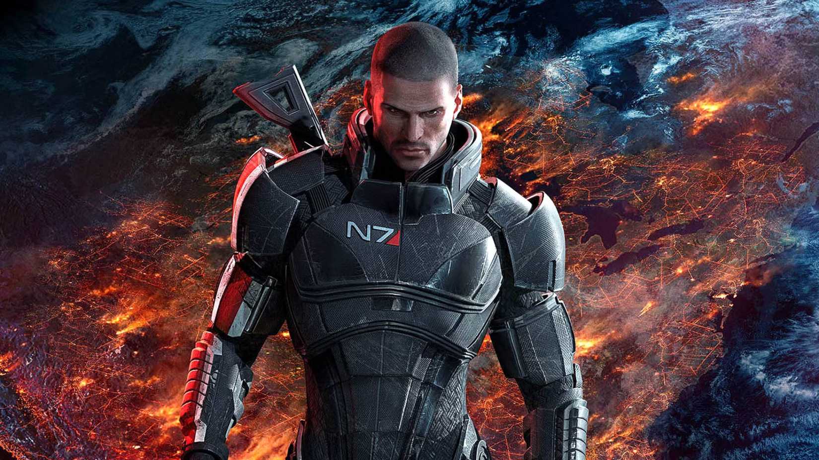 شێپەردی نێر لە فیلمی Mass Effect، زرێپۆشی N7 ڕەش و سووری لەبەردایە.
