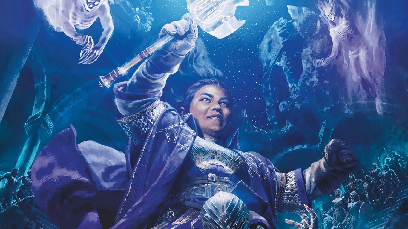 A cleric brandishes a glowing mace against a starry background in DnD artwork.