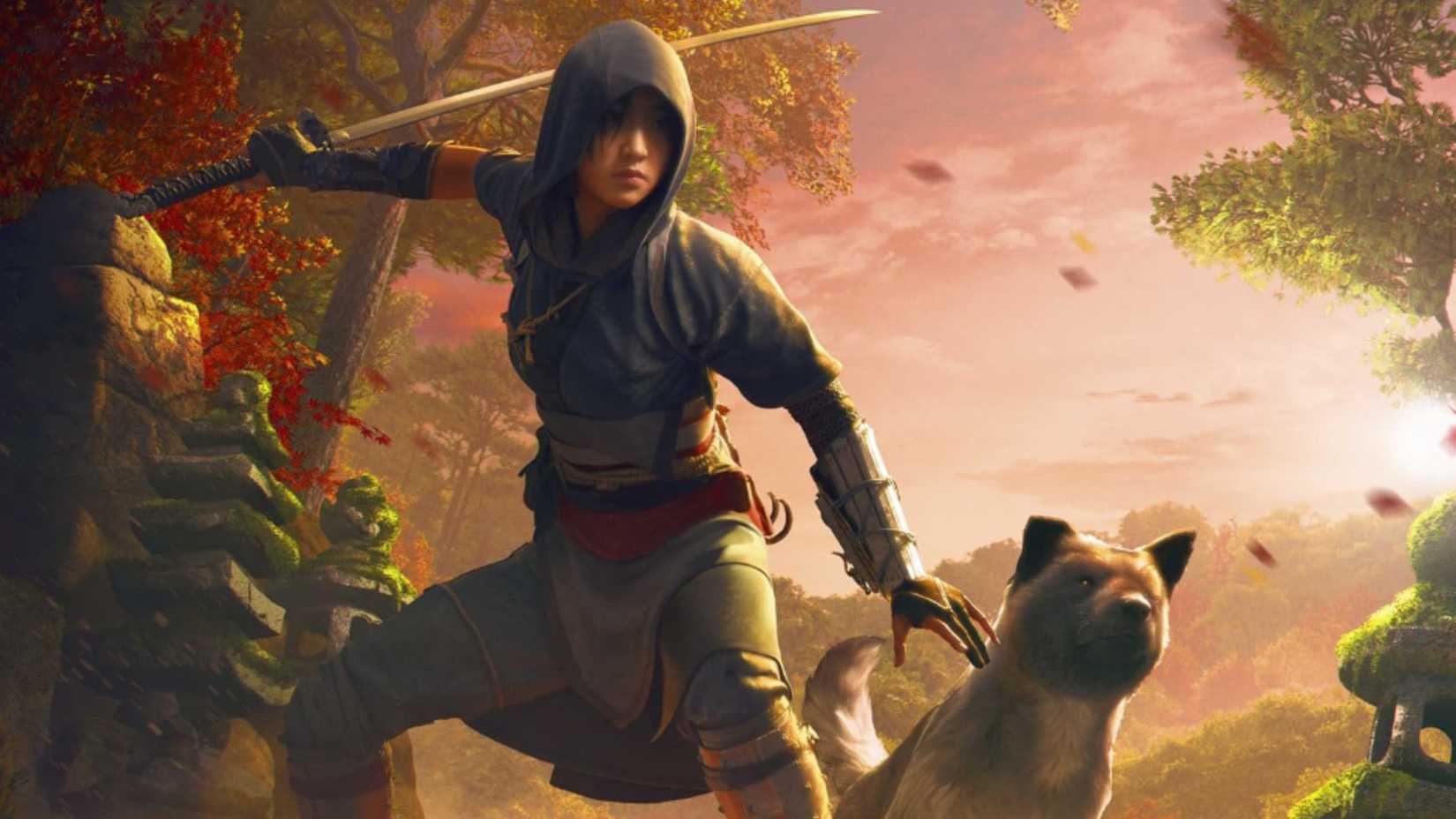 Naoe with the dog in the shadows assassin's creed.