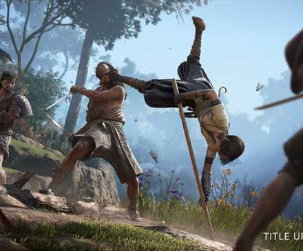 naoe fighting enemies in assassins creed shadows.