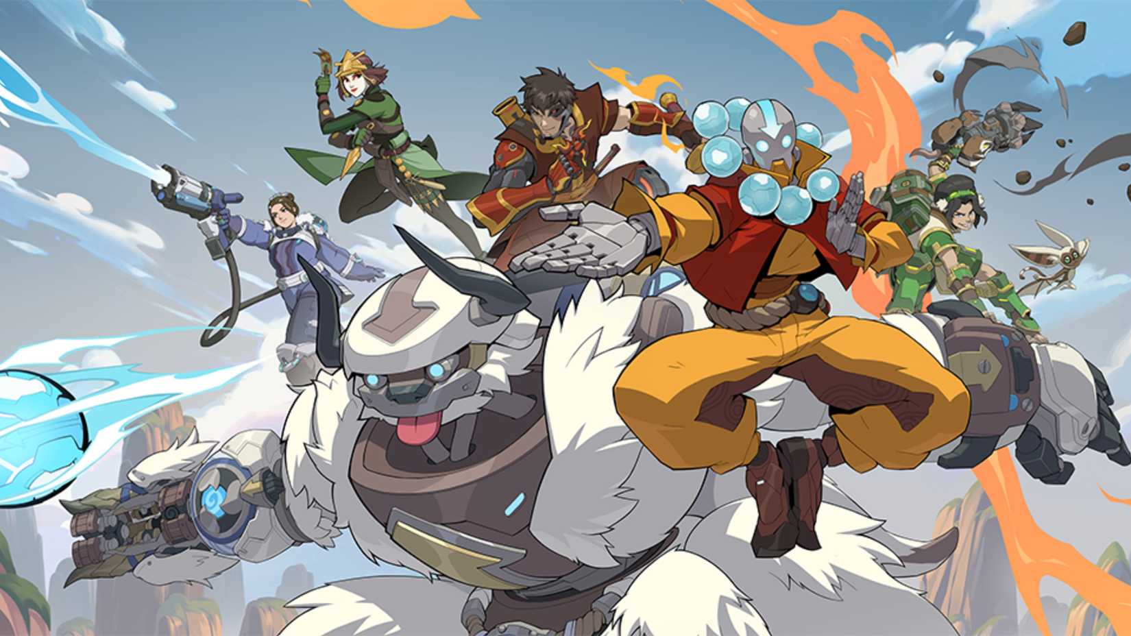 The Overwatch 2 and Avatar: The Last Airbender crossover promotional image with the crossover characters drawn in an animated style.