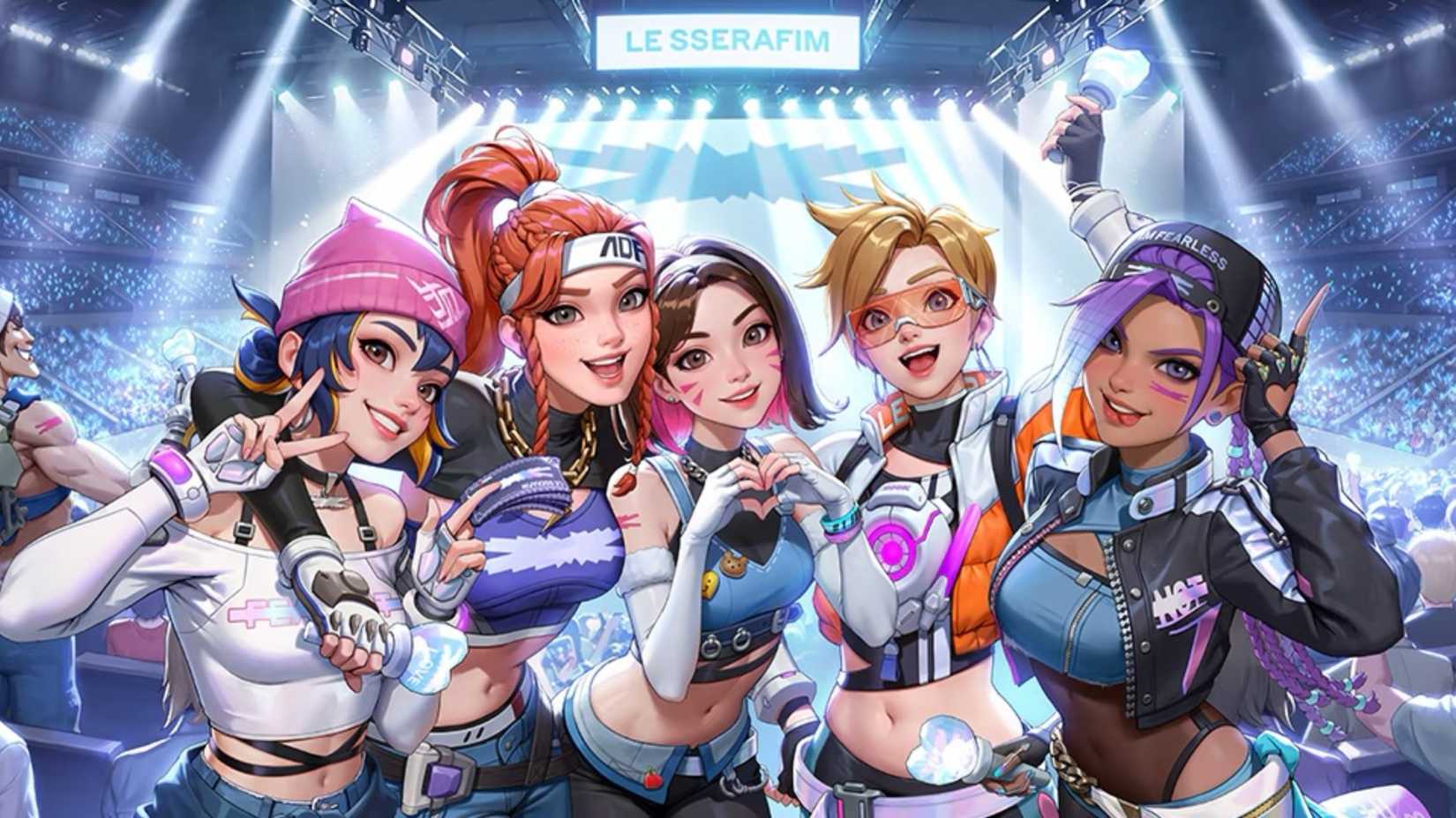 Overwatch 2 characters drawn wearing their Le Serrafim outfits from the collaboration.