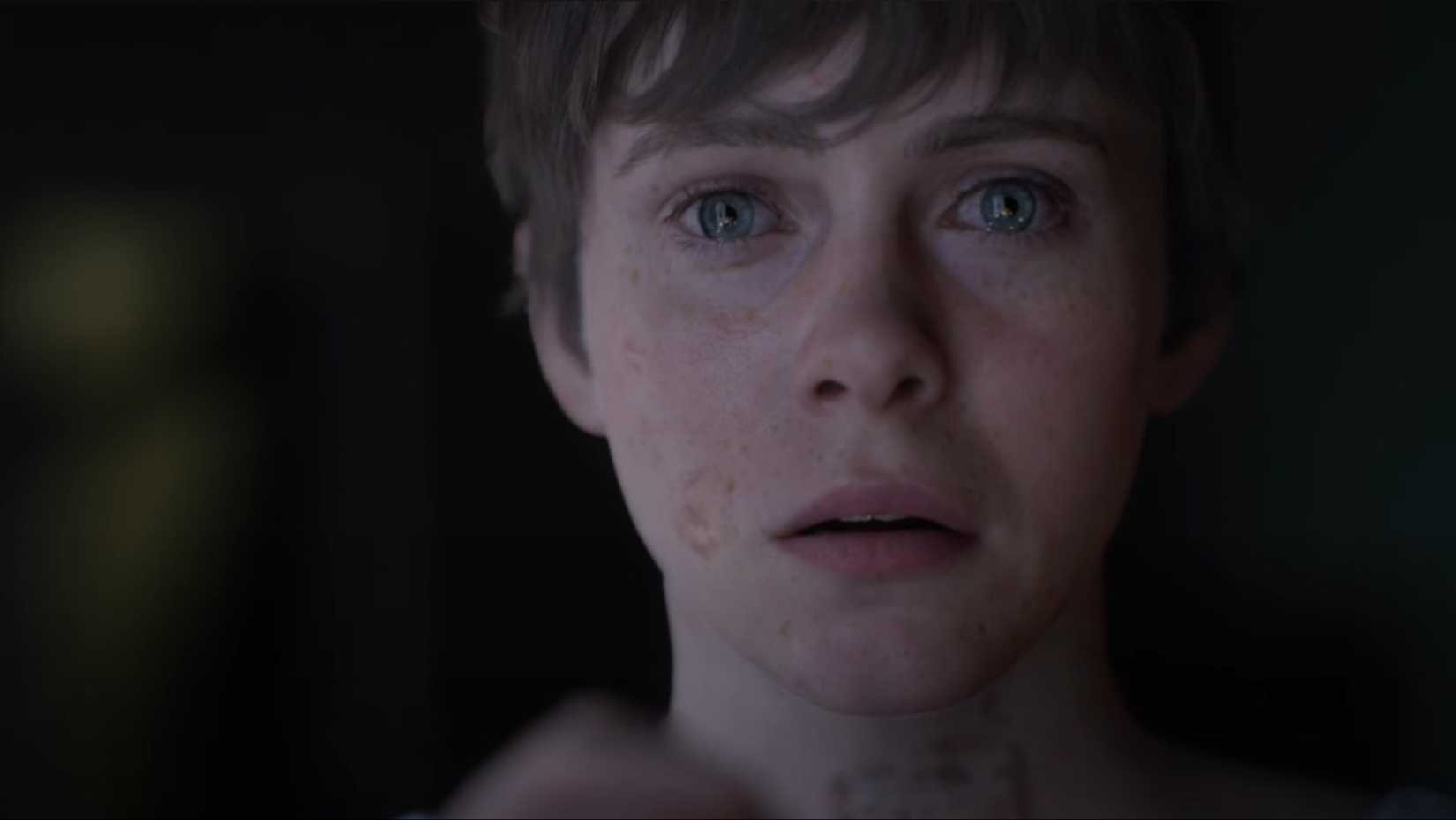 Sophia Lillis' character in OD, looking terrified.