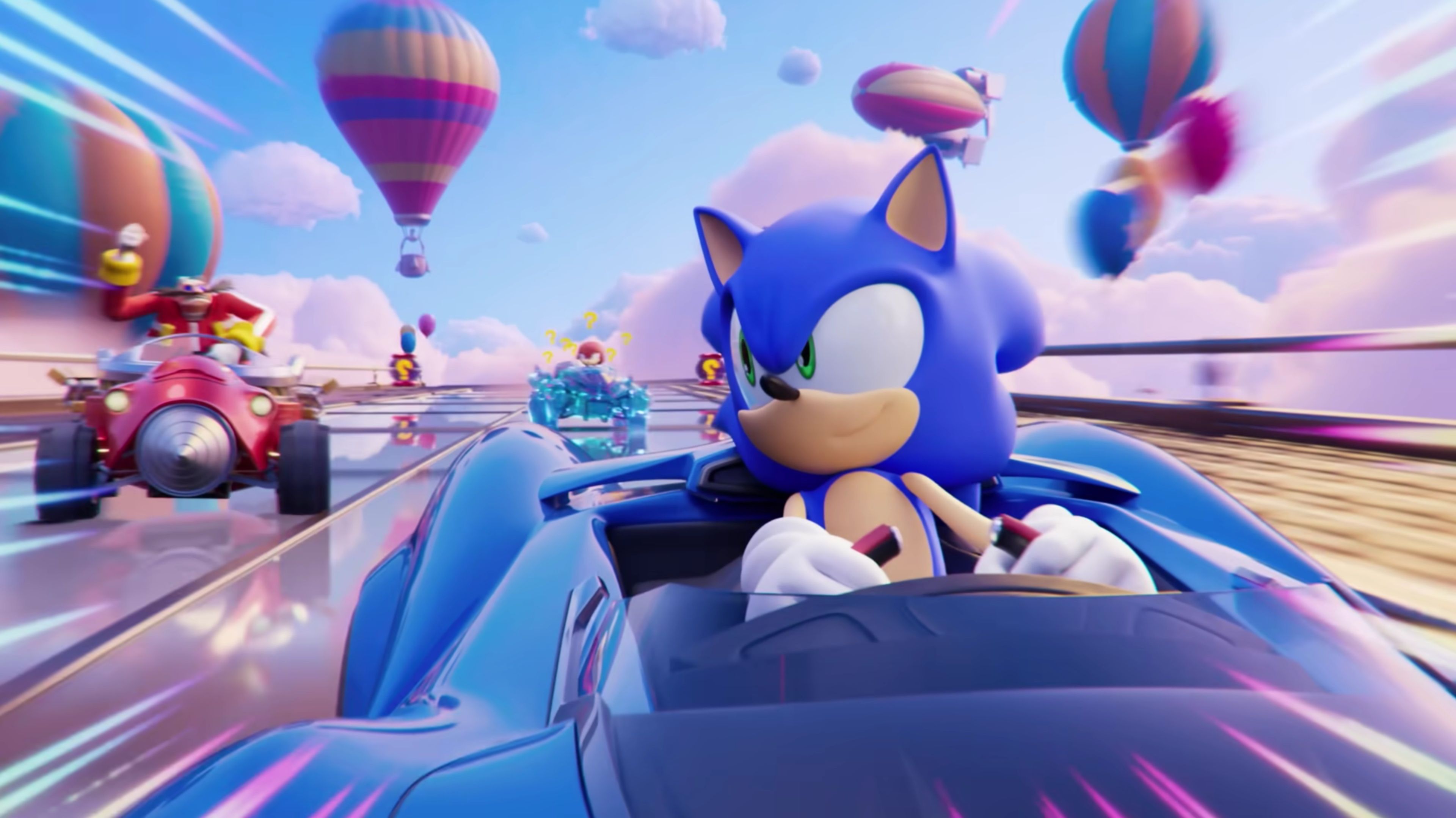 Sonic driving really fast in Sonic Racing: CrossWorlds.