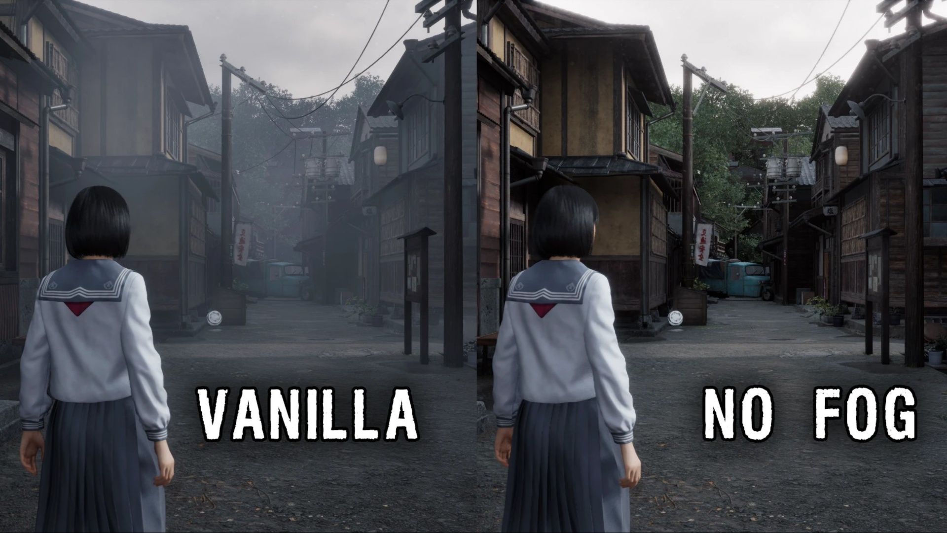 A side by side comparison of Silent Hill f with and without fog, featuring the protagonist looking down a narrow village street.