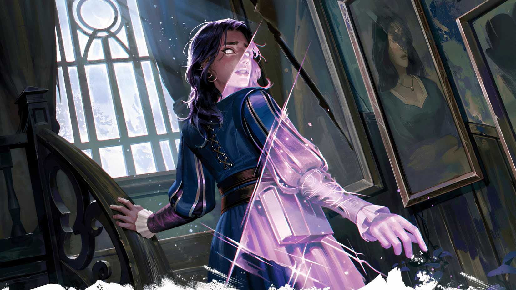 A disembodied woman looks back as she climbs the stairs in Grim Hollow DND.