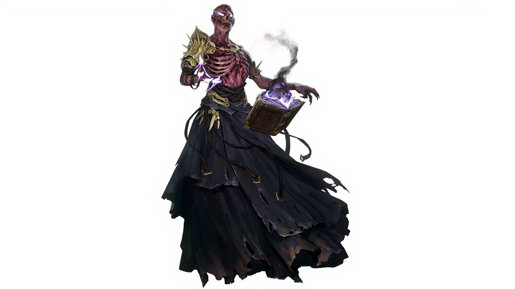A transformed Lich that reads a rod book from Grim Hollow DND.