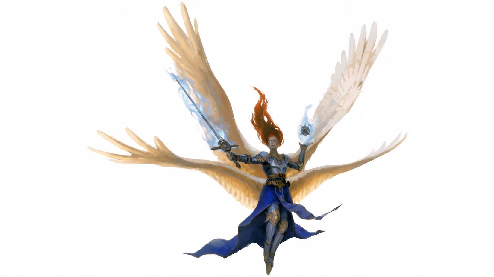 A seraph from Gim Hollow that holds a sword and magic in each hand with the wings scattered from DND.