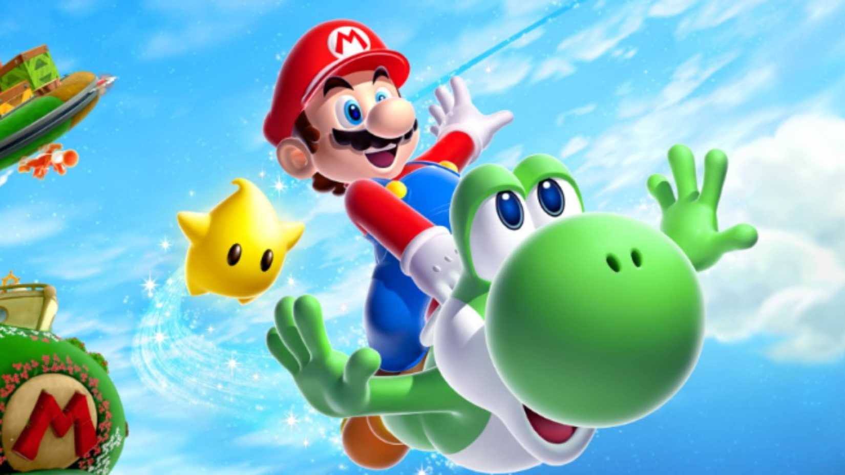 Mario rides yoshi in super mario galaxy 2.