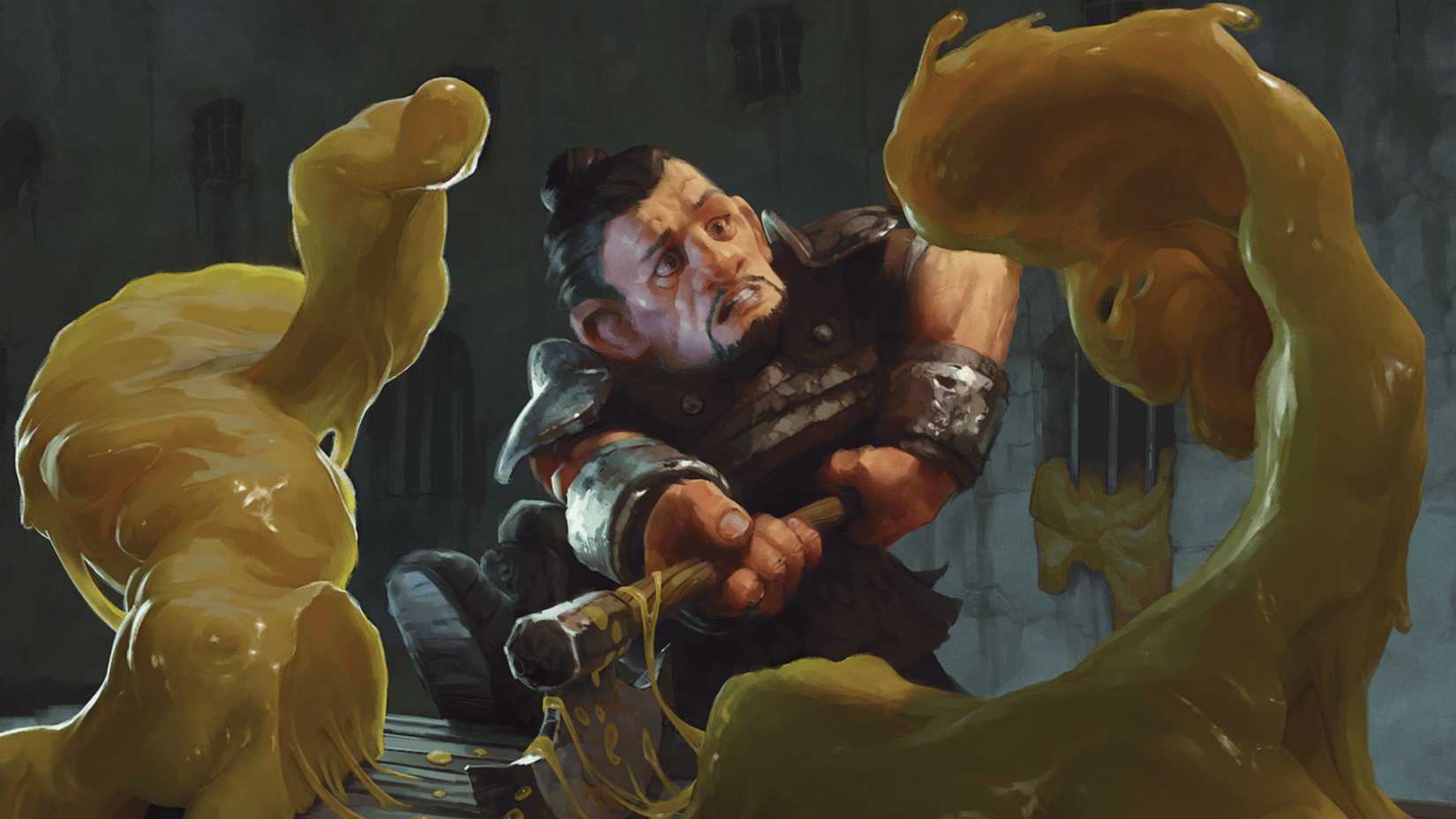 An adventurer splitting an ochre jelly in two, only to realize both halves are alive, from Dungeons & Dragons (D&D).