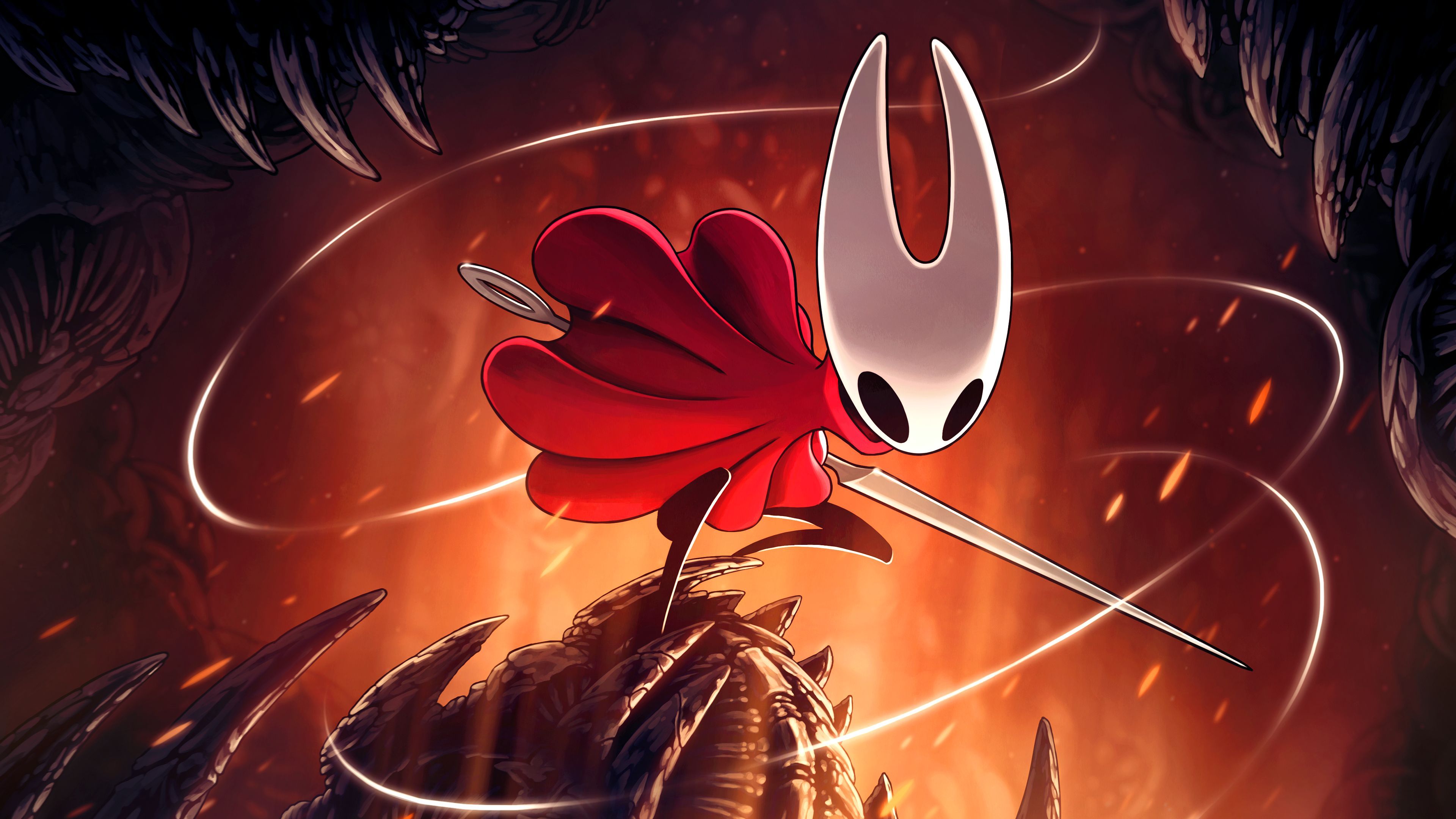 Official SIlksong promo art with Hornet standing on a spiked platform with her needle.