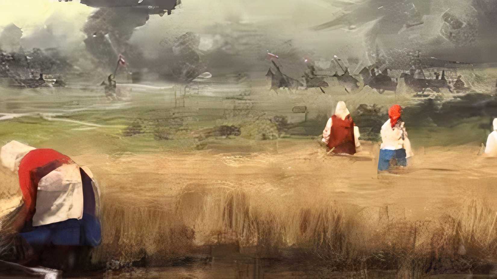 People gather wheat with an army moving in the distance of scythe.