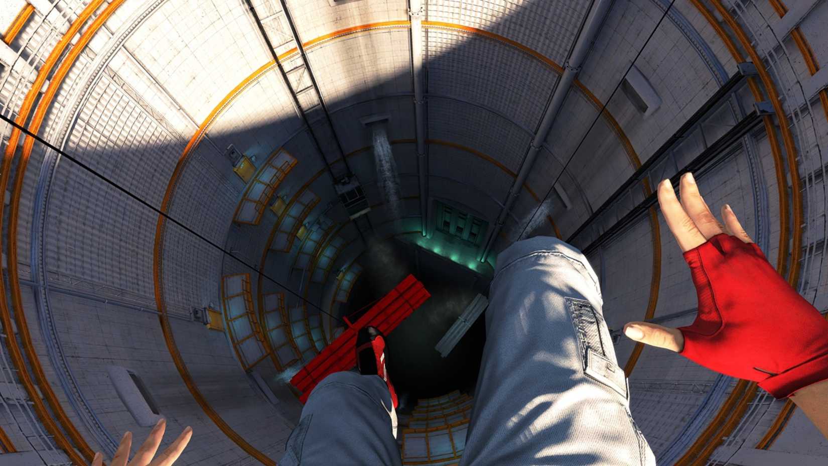 The player dropped toward the red pipeline in Mirror's Edge.