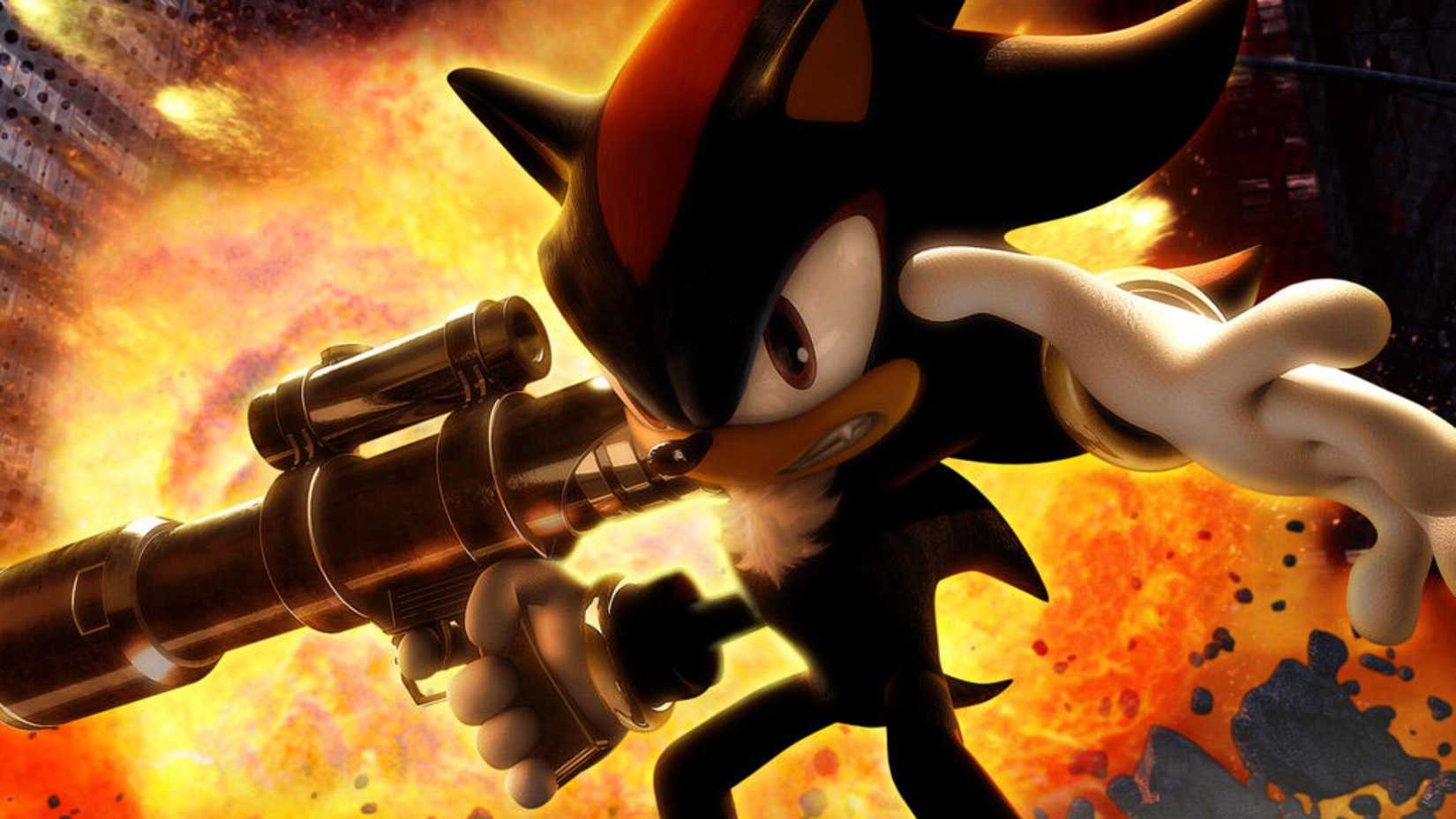 A promotional image showing an explosion behind Shadow from Shadow the Hedgehog.