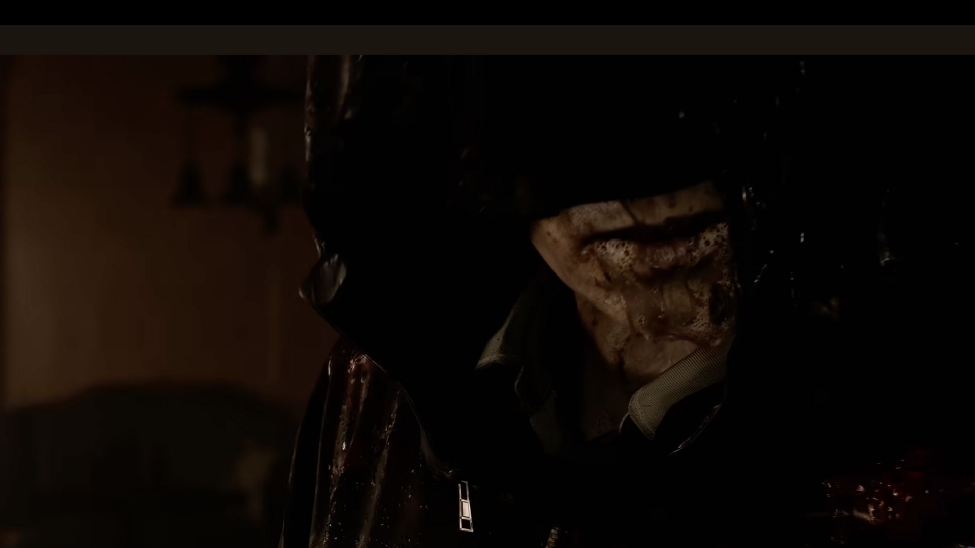 A closeup of the hooded man in Resident Evil Requiem.