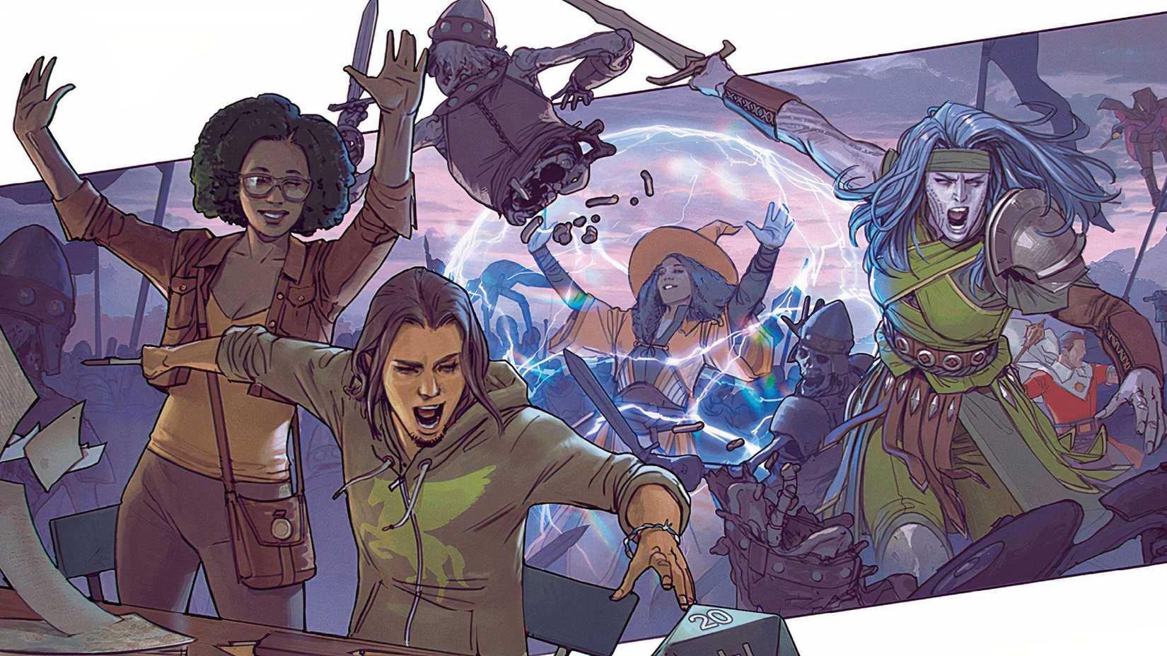 Art of two modern people posing during a DnD game and a depiction of a fantasy character performing similar actions within the game.