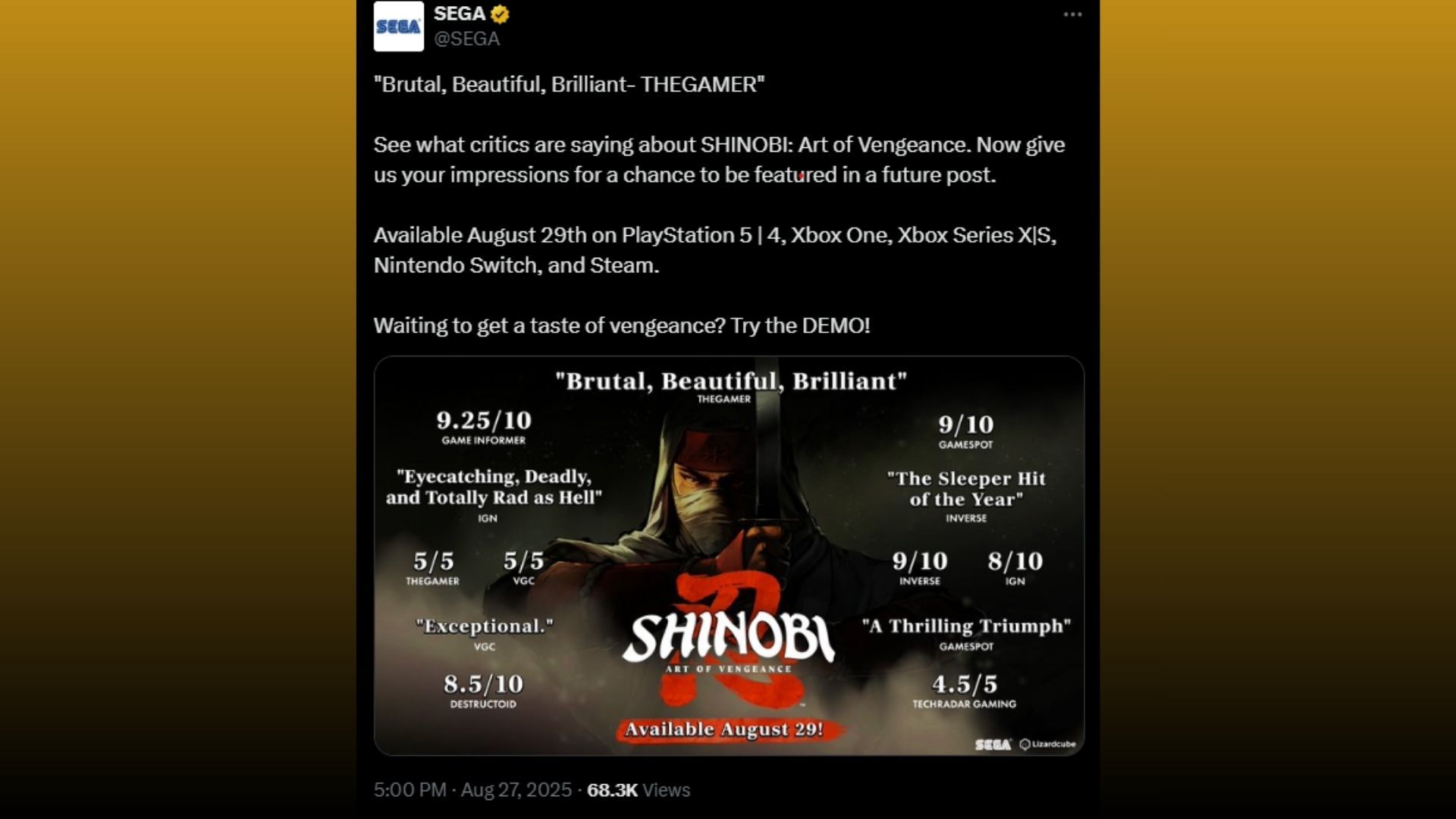 SEGA shares TheGamer review quote for Shinobi Art of Vengeance