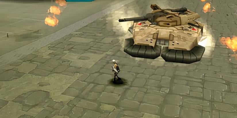 Main character of Silent Bomber standing next to a tank that appears to be on fire.