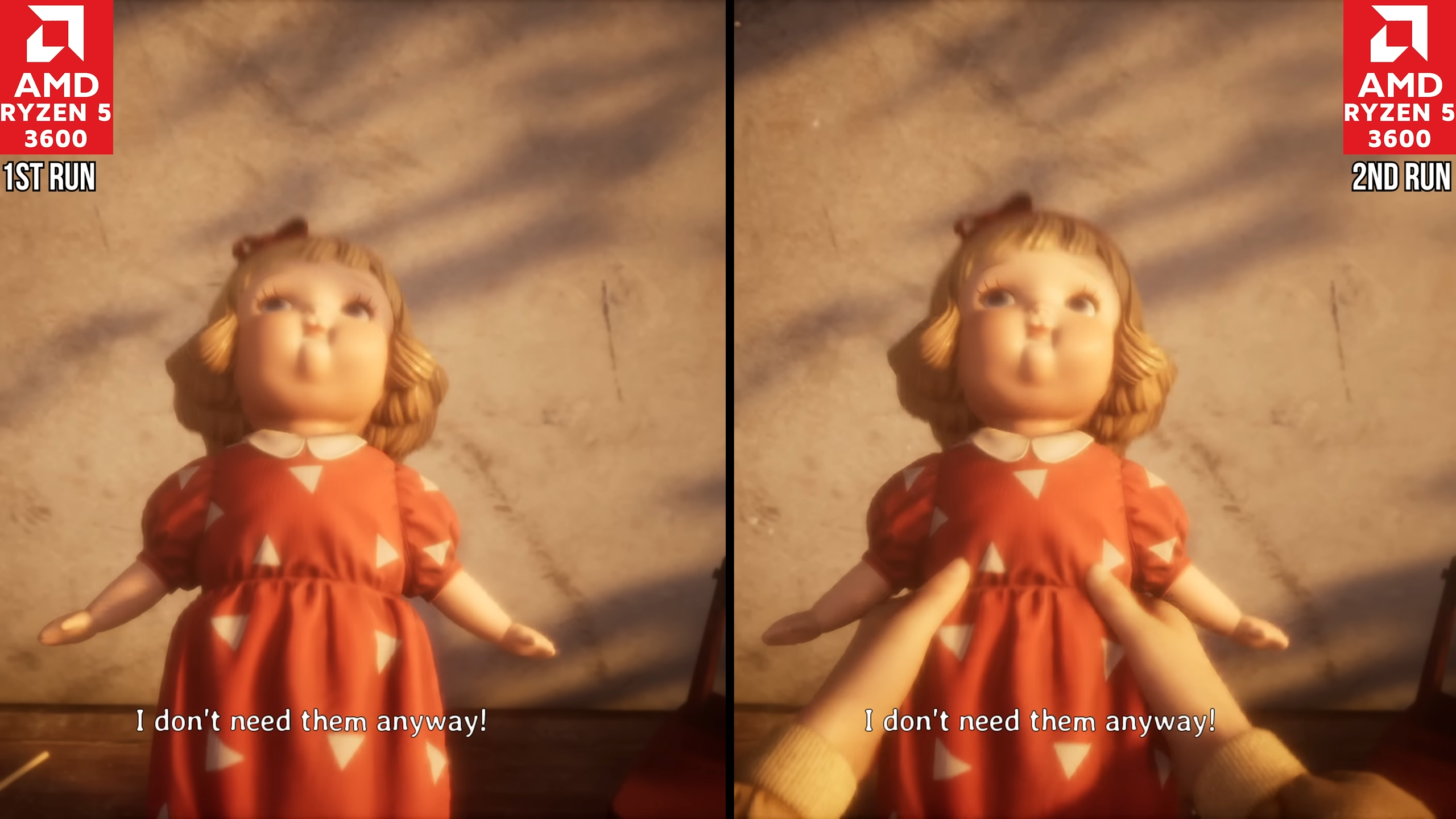 Silent Hill f player holding a doll comparison: on the left, the hands have not loaded in, and on the right, they have.