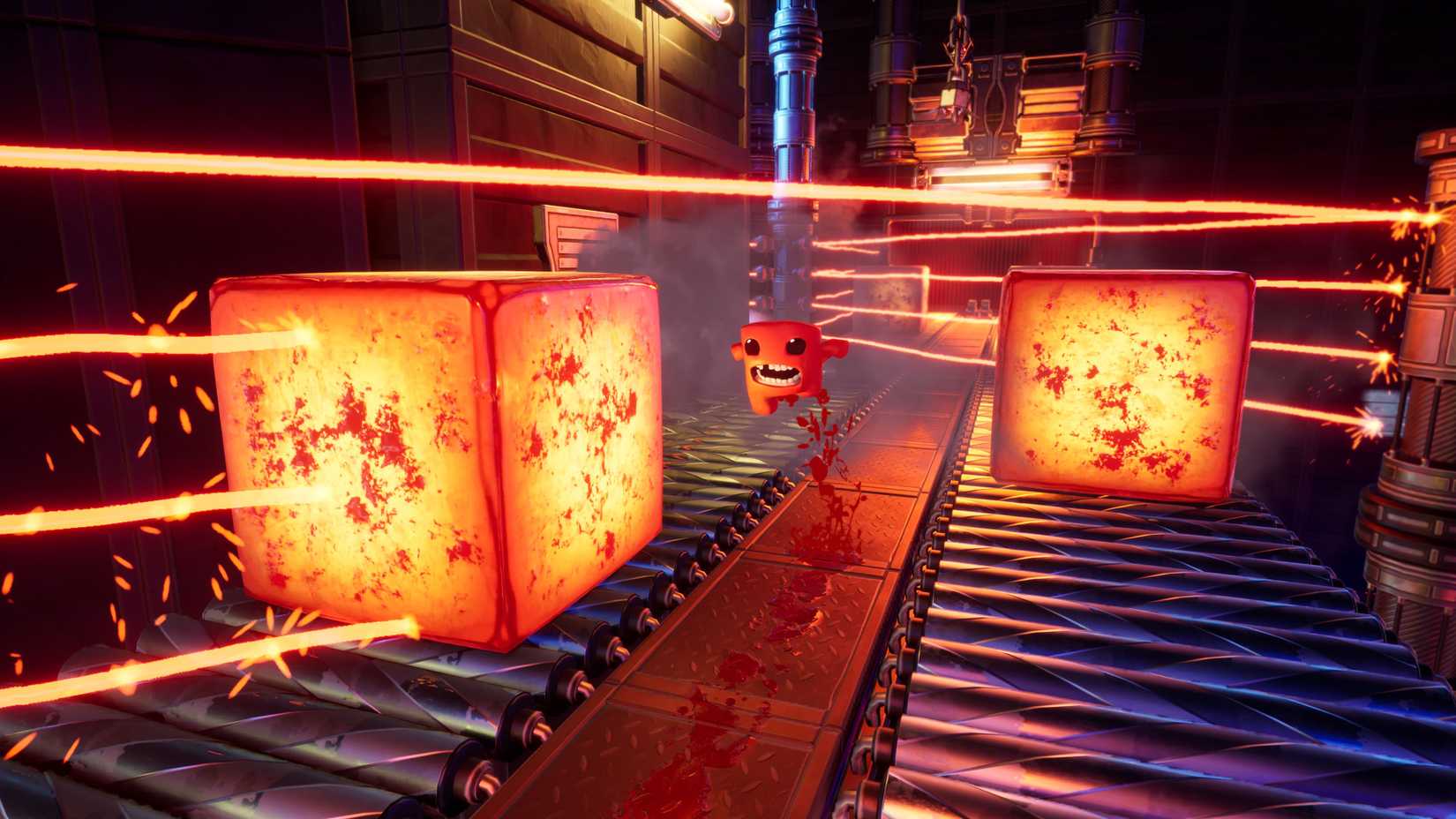 Super Meat Boy Platforming between blocks and laser beams.