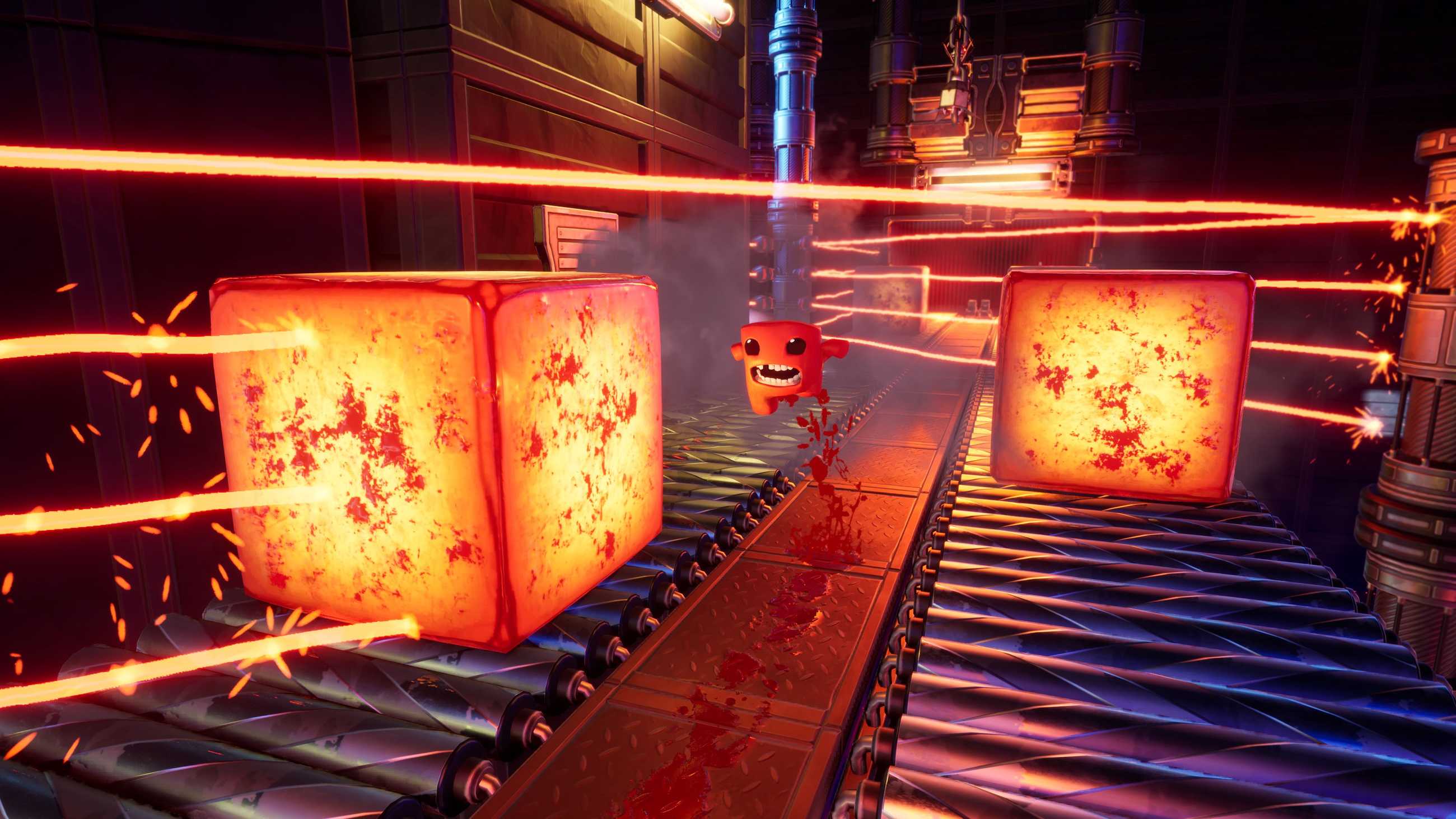 Super Meat Boy platforming between blocks and laser beams.