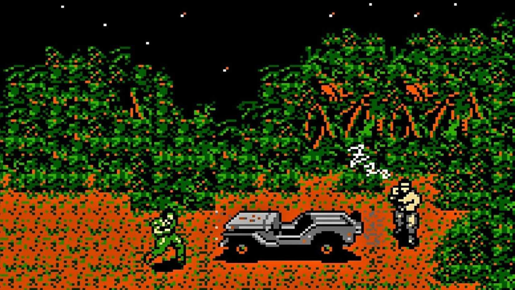Snake next to a car and a sleeping guard in the original Metal Gear.
