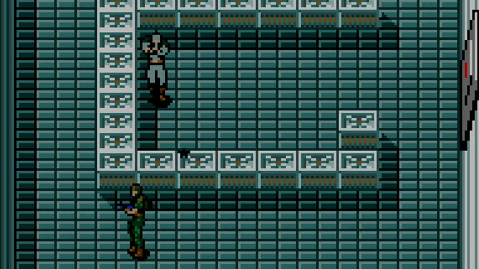 Solid Snake in a room with a bunch of blocks and a guard in Metal Gear 2.