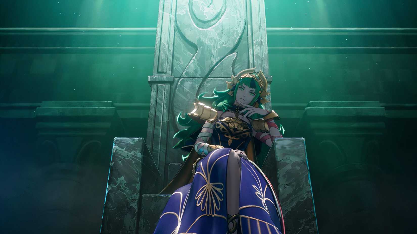 Sothis contemplating an unseen individual on her marble throne in Fire Emblem Fortune's Weave.