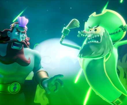 A screenshot from SpongeBob SquarePants: Titans of the Tide. It shows an argument between Flying Dutchman and King Neptune.