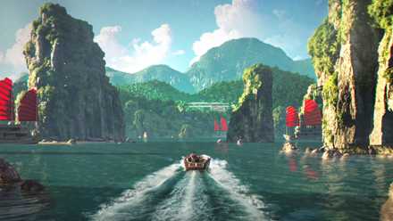 James Bond rides through a luscious jungle setting in 007 First Light