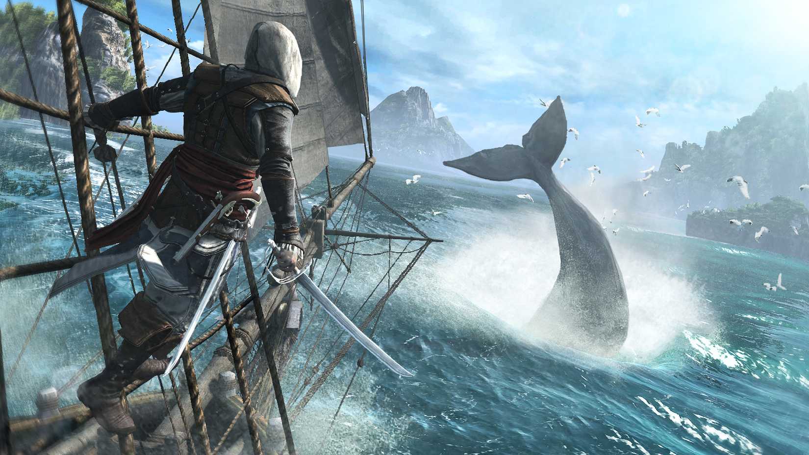 Edward Kenway hunts a whale while aboard his ship in Assassin's Creed 4: Black Flag.