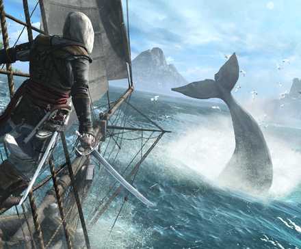 Edward Kenway hunts a whale while aboard his ship in Assassin's Creed 4: Black Flag.